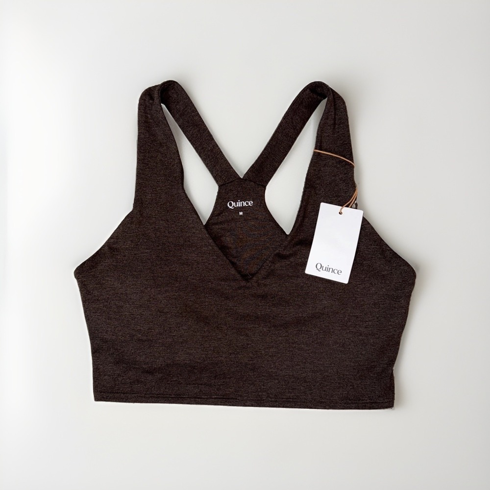 Quince Ultra Soft V-Neck Cropped Tank Size MED Sports Bra Heather Espresso NWT